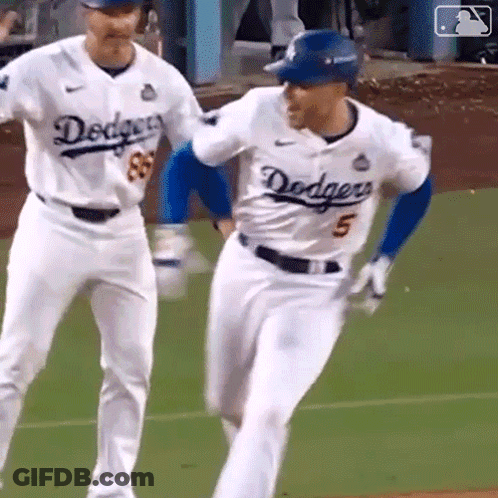 Two Dodgers Baseball Players Running GIF