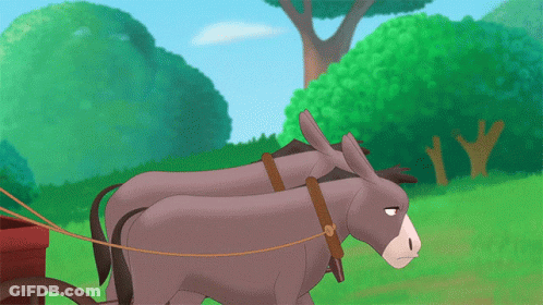 Two Donkeys Pulling Cart In Cartoon Scene GIF