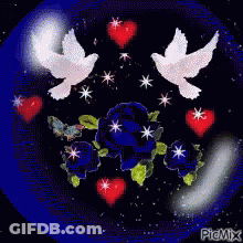 Two Doves Surrounded By Hearts And Flowers GIF