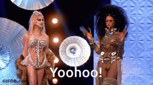 Two Drag Queens On Stage With Yoohoo GIF