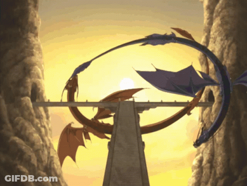 Two Dragons Are Flying Over A Bridge With The Sun Shining In The Background GIF