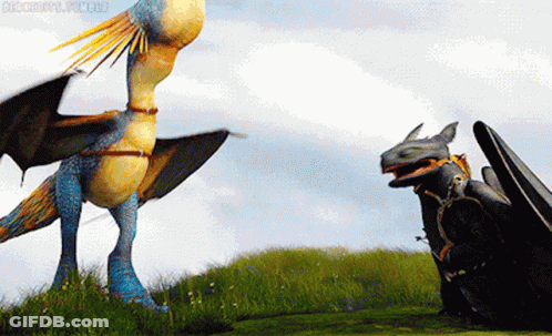 Two Dragons Are Standing On Top Of A Grass Covered Hill And One Of Them Has The Word Toothless On It GIF