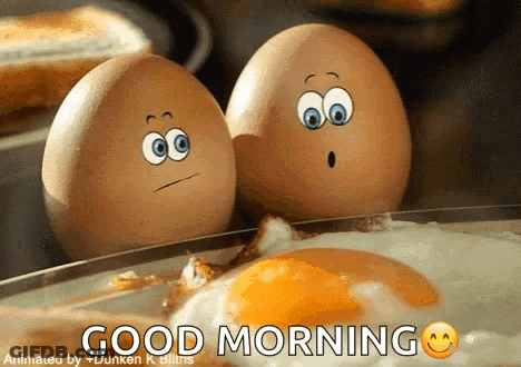 Two Eggs With Faces Saying Good Morning GIF