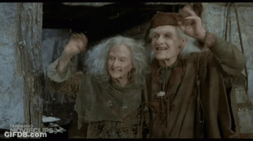 Two Elderly People Standing Next To Each Other With The Words " Think It 'Ll Work " In Yellow GIF