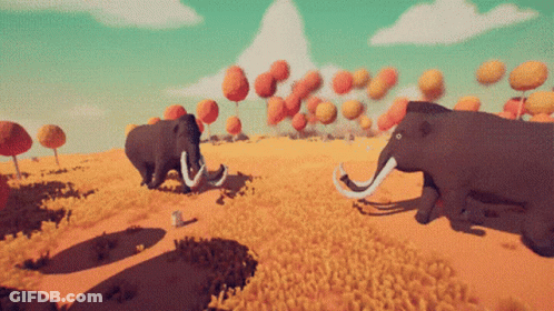 Two Elephants Are Standing In A Field With Mushrooms And Trees In The Background GIF
