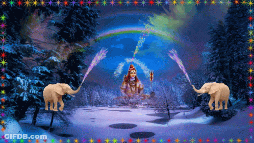 Two Elephants Are Standing In Front Of A Statue Of Shiva In A Snowy Forest GIF