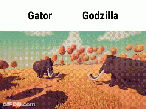 Two Elephants Are Walking In A Field With The Words Gator And Godzilla Above Them . GIF