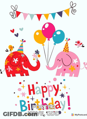 Two Elephants Holding Balloons Saying Happy Birthday GIF