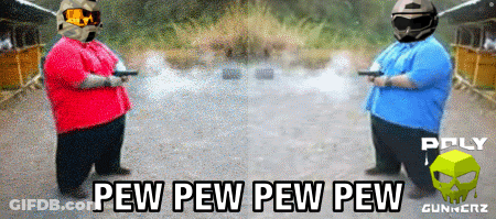 Two Fat Men Holding Guns In Front Of Poly Gunnerz Sign GIF
