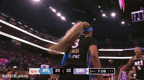 Two Female Basketball Players In Black ATL 5 Jerseys GIF