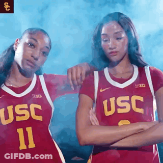 Two Female Basketball Players In USC Red Jerseys GIF