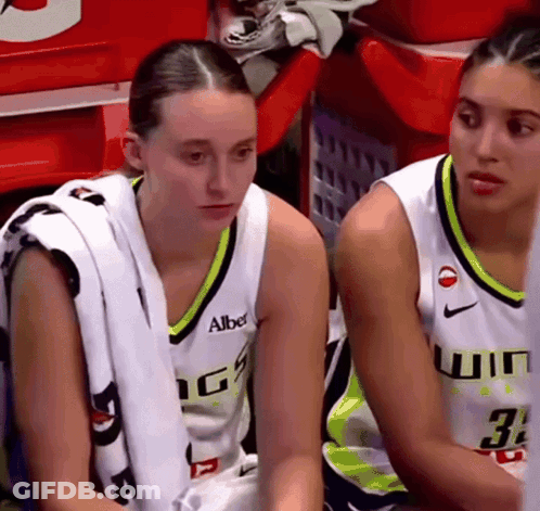 Two Female Basketball Players With One Wearing A Jersey That Says Albe GIF