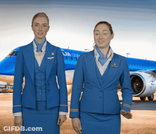 Two Female Flight Attendants Are Standing In Front Of A Klm Plane GIF