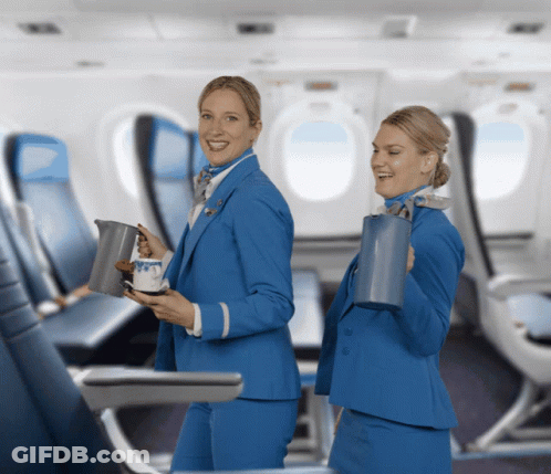 Two Female Flight Attendants In Blue Uniforms Smiling Holding Pitchers GIF