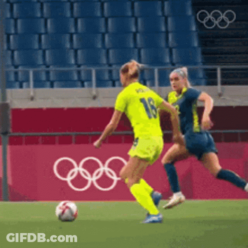 Two Female Soccer Players Playing With Olympic Rings GIF