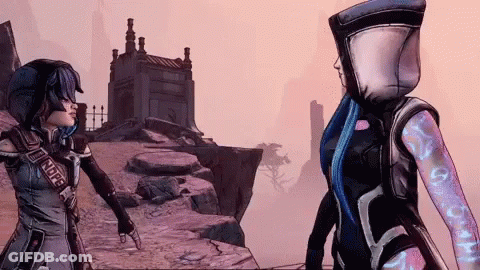 Two Female Video Game Characters Are Standing Next To Each Other And One Has The Word Hope Written On Her Chest GIF