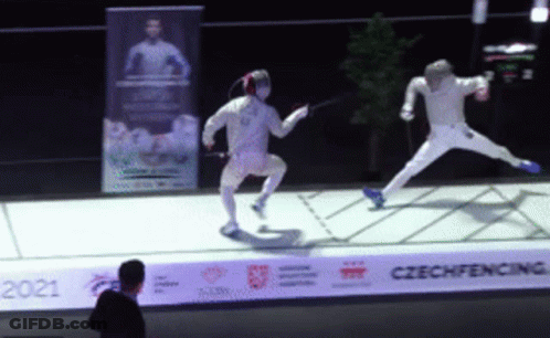 Two Fencers Are Fighting On A Fence That Says Czech Fencers On It GIF