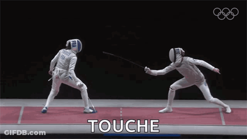 Two Fencers Are Fighting With The Word Touche In The Corner GIF