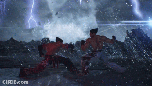 Two Fighters Are Fighting In A Video Game With Lightning In The Background GIF