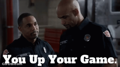 Two Firefighters Are Standing Next To Each Other With The Words You Up Your Game Above Them GIF