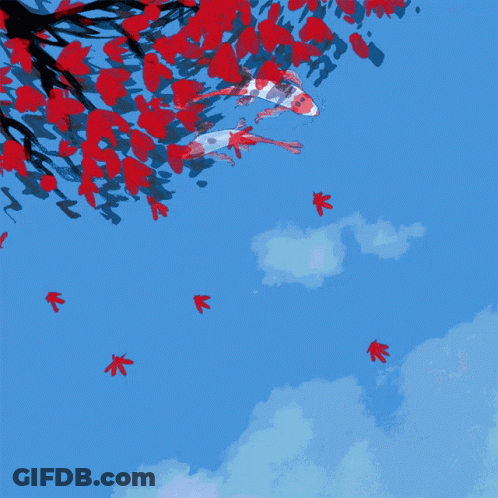 Two Fish Are Swimming Under A Tree With Red Leaves On It GIF