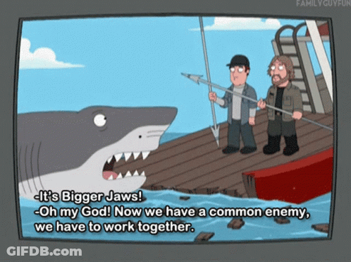 Two Fishermen And Shark Saying It's Bigger Jaws GIF
