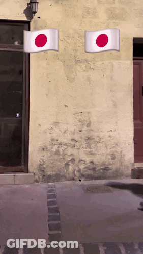 Two Flags Are Flying In Front Of A Building GIF