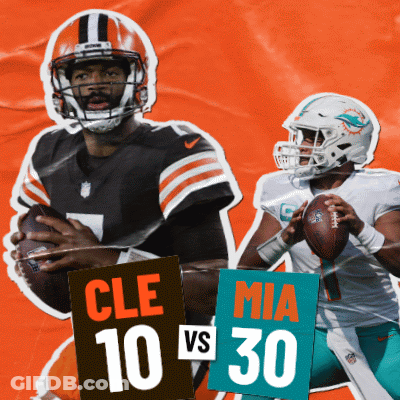 Two Football Players Are Holding A Ball And A Sign That Says Cle 10 Vs 30 GIF