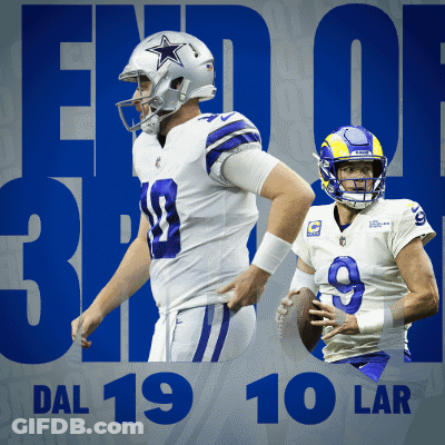 Two Football Players Are Standing Next To Each Other With The Words End Of Dal 19 10 Lar Behind Them GIF