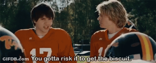Two Football Players Are Talking To Each Other And One Of Them Says You Gotta Risk It To Get The Biscuit GIF
