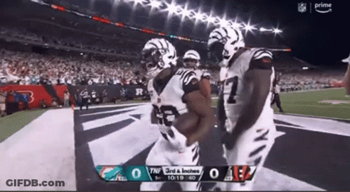 Two Football Players Celebrating Touchdown Bengals Vs Dolphins GIF