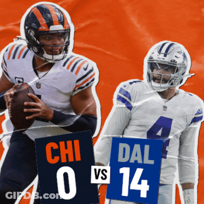 Two Football Players Holding Signs That Say Chi And Dal GIF