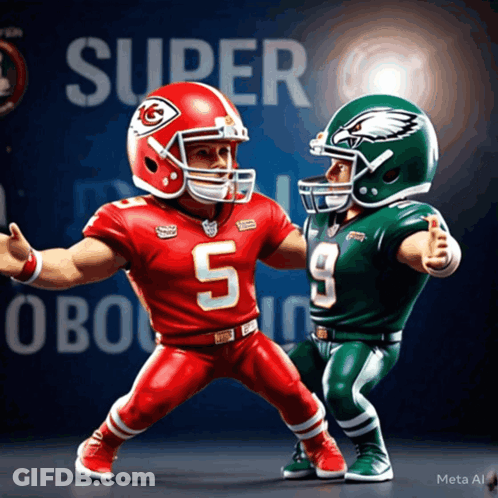 Two Football Players In Front Of Super Bowl Sign GIF