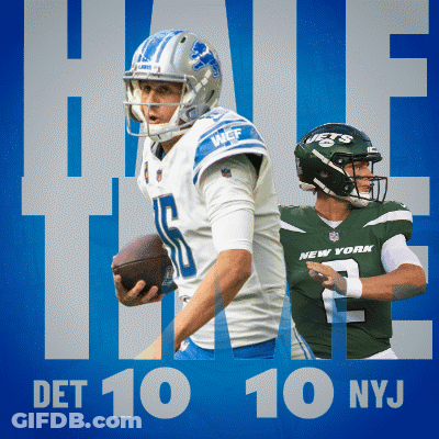 Two Football Players On A Blue Background With The Words Det 10 10 Nyj On The Bottom GIF