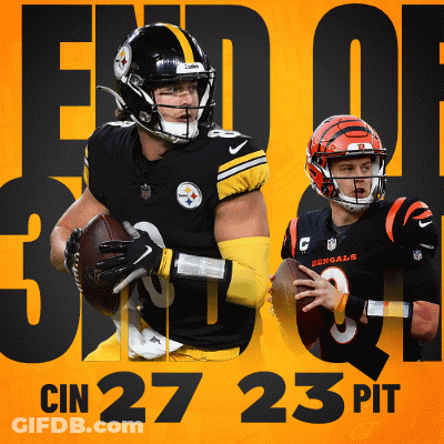 Two Football Players On A Yellow Background With The Words End Of Cin 27 23 Pit Below Them GIF