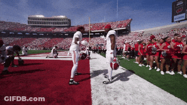 Two Football Players On Field With Cheerleaders GIF