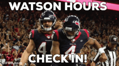 Two Football Players Standing Next To Each Other With The Words Watson Hours Check In Below Them GIF