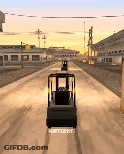 Two Forklifts Driving Down Dirt Road With Tamzer GIF