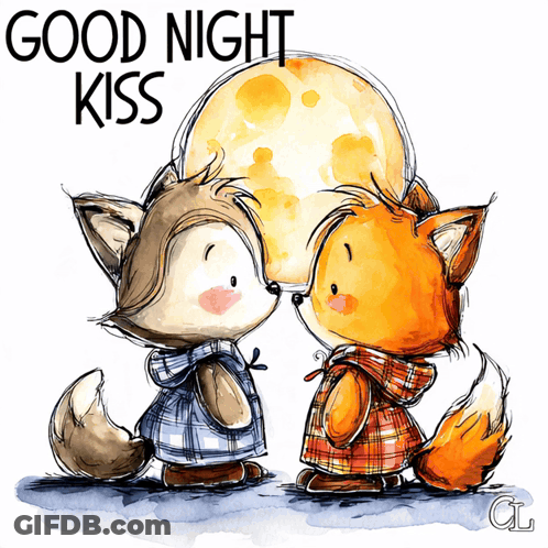 Two Foxes Kissing Under Full Moon Saying Good Night Kiss GIF