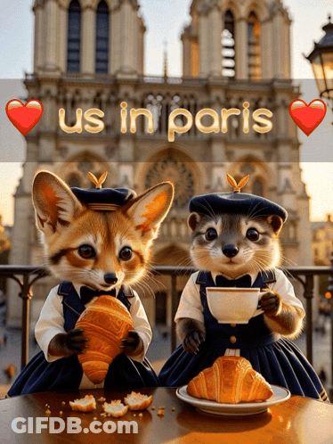 Two Foxes Sitting At Table With Croissant And Coffee Us In Paris GIF