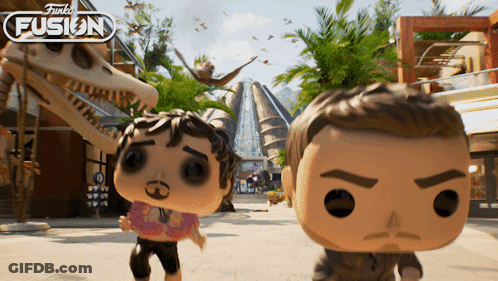 Two Funko Pop Figures In Front Of Dinosaur Skeleton Funko Fusion Sign GIF