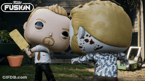 Two Funko Pop Figures Standing In Backyard GIF