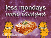 Two Garfield Characters Standing Next To A Slice Of Lasagna GIF