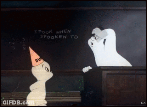 Two Ghosts At Blackboard Spook When Spoken To GIF
