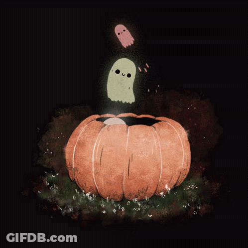 Two Ghosts Flying Out Of Pumpkin In Dark GIF