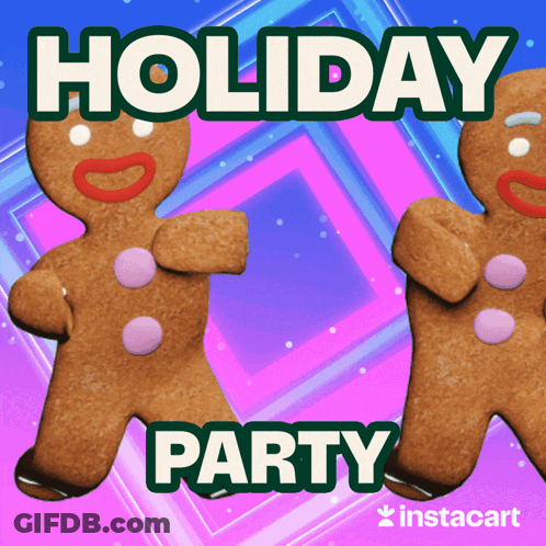 Two Gingerbread Men Are Dancing In Front Of A Holiday Party Advertisement GIF