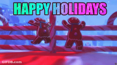 Two Gingerbread Men On A Candy Cane Fence With The Words Happy Holidays GIF