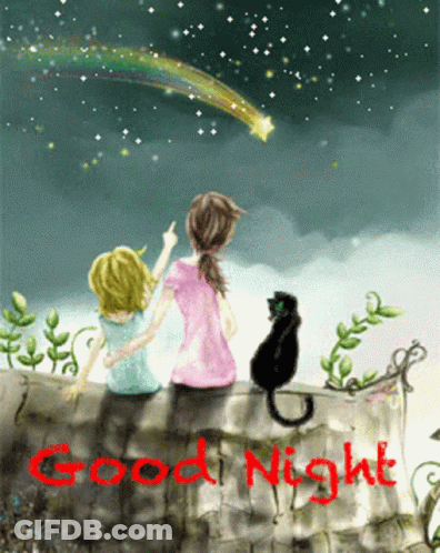Two Girls And Cat Saying Good Night GIF