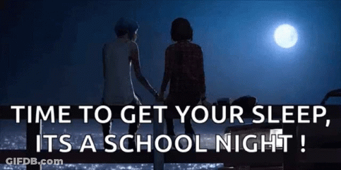 Two Girls Are Holding Hands In Front Of A Full Moon And The Words Time To Get Your Sleep It 'S A School Night . GIF