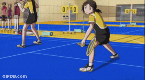 Two Girls Are Playing Badminton On A Court With A Scoreboard Behind Them That Says 0-90 GIF